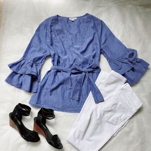 Stripped Bell Sleeve Warp Blouse Size SP